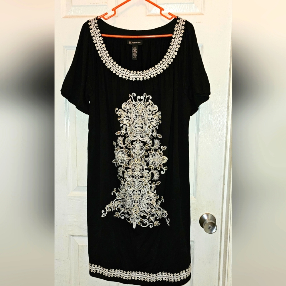 INC International Concepts Black Embroidered Short Sleeve Dress Size 2x Womens.